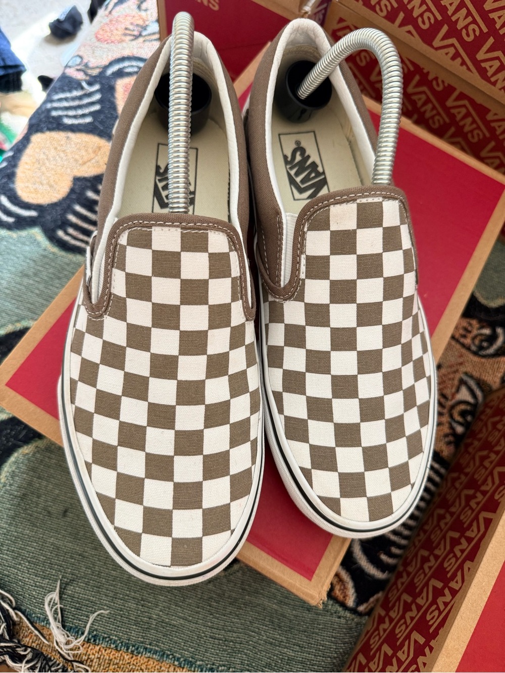Vans Classic Slip-On Checkerboard in Brown and White - Picture 3 of 5